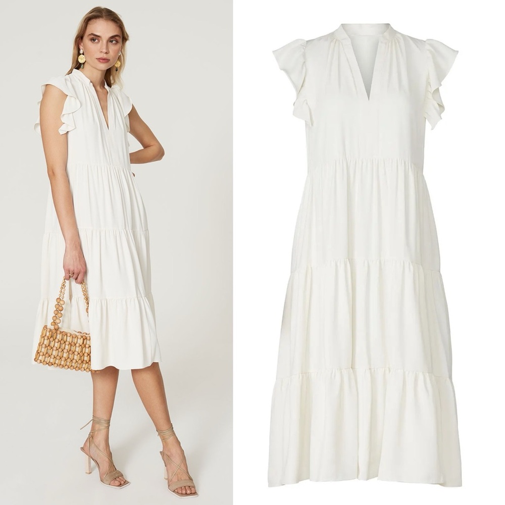 Amanda Uprichard Sheradin Ivory Flutter Sleeve Midi Dress Womens Large EUC